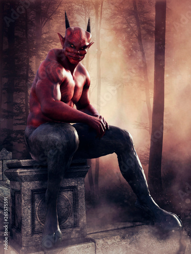 Fantasy red devil sitting on a stone in a dark forest at sunset. 3D render. photo