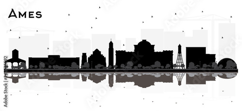 Ames Iowa skyline black and white silhouette with Reflections.