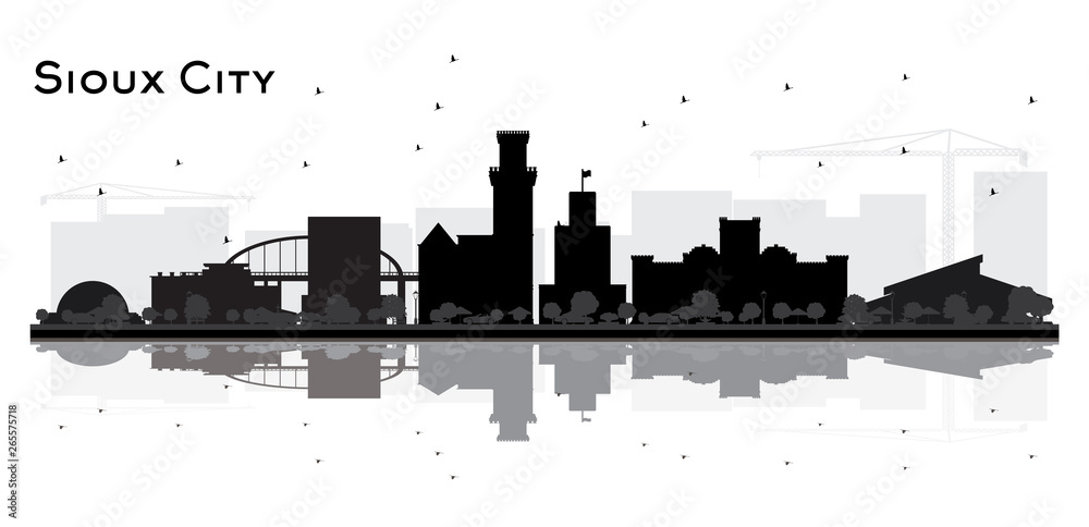 Sioux City skyline black and white silhouette with Reflections.