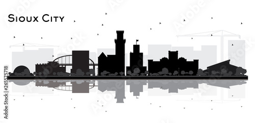 Sioux City skyline black and white silhouette with Reflections.