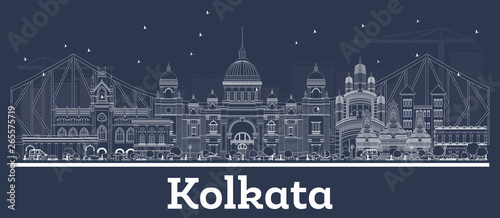 Outline Kolkata India City Skyline with White Buildings.