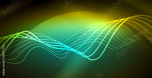 Glowing abstract wave on dark  shiny motion  magic space light. Techno abstract background