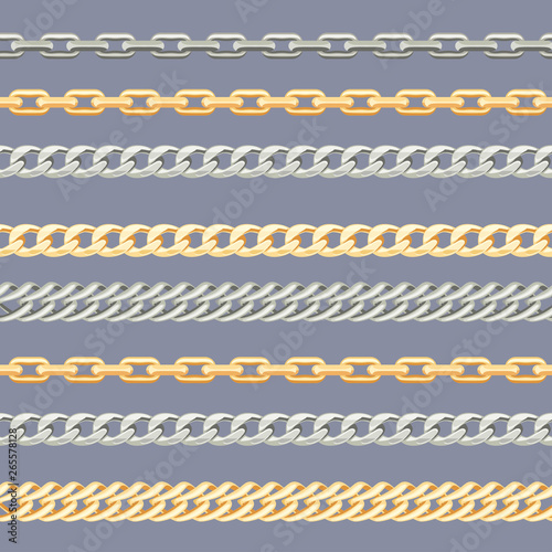 Gold and silver сhains. Horizontal seamless pattern with metal сhains on gray background. Vector illustration of  jewelry in cartoon flat style.
