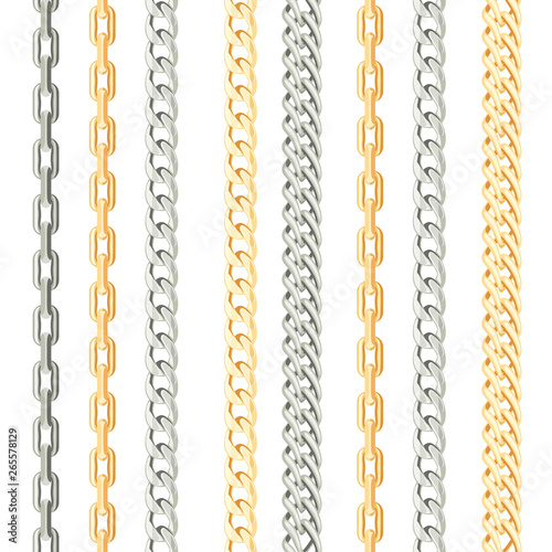 Chains metal vertical seamless pattern on white background. Gold and silver jewelry. Vector illustration in cartoon flat style.