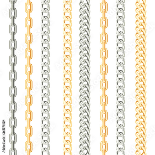 Chains metal vertical seamless pattern on white background. Gold and silver jewelry. Vector illustration in cartoon flat style.