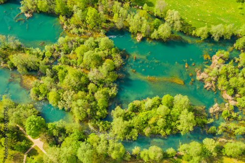 Croatian nature, beautiful waterfalls on Mreznica river from air, panoramic view in spring, popular tourist destination, overhead shot