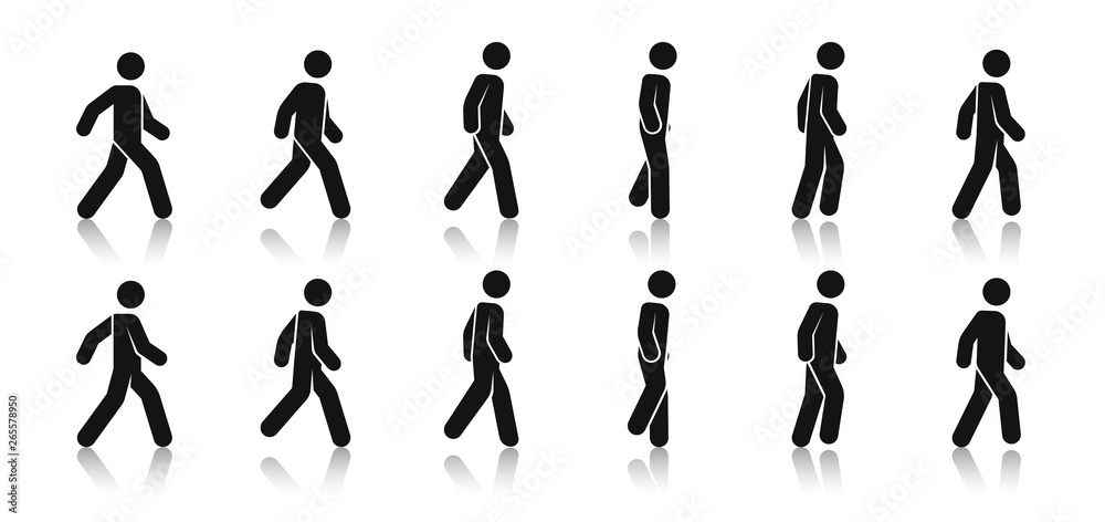 Stick figure walk. Walking animation. Posture stickman. People icons set.  Man in different poses and positions. Black silhouette. Simple cute modern  design. Flat style vector illustration. Stock Vector