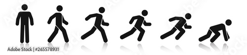 Stick figure walk and run. Running animation. Posture stickman. People icons set. Man in different poses and positions. Black silhouette. Simple cute modern design. Flat style vector illustration. photo