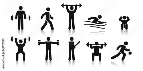 Stick figure sports. Posture stickman. People sport icons set. Man in different poses and positions, doing exercises. Black silhouette. Simple cute modern design. Flat style vector illustration.