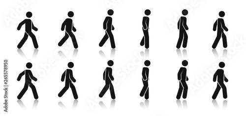 Stick figure walk. Walking animation. Posture stickman. People icons set. Man in different poses and positions. Black silhouette. Simple cute modern design. Flat style vector illustration.
