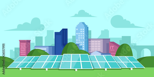 Solar energy. Solar batteries in the middle of a green field. City on the back. Clear modern design. Simple design template. Beautiful background. Flat style vector illustration.