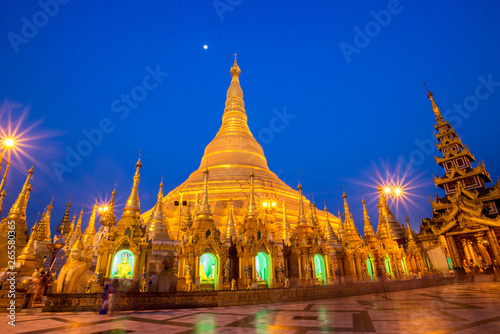Beautiful night scene Shwedagon Paya pagoda Myanmer famous sacred place and tourist attraction landmark.Yangon, Myanmar