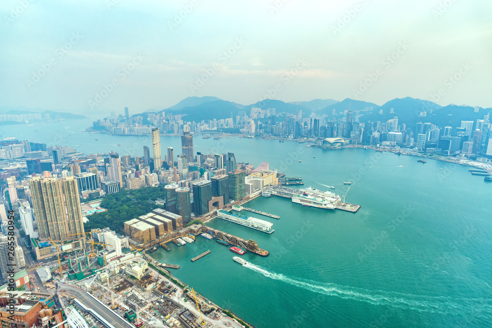 Cityscape view of Hong Kong Skyline and Victoria Harbor in morning
