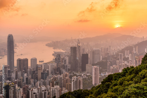 Beautiful colorful Sunrise over Victoria Harbor as viewed a top from Victoria Peak in Hong Kong