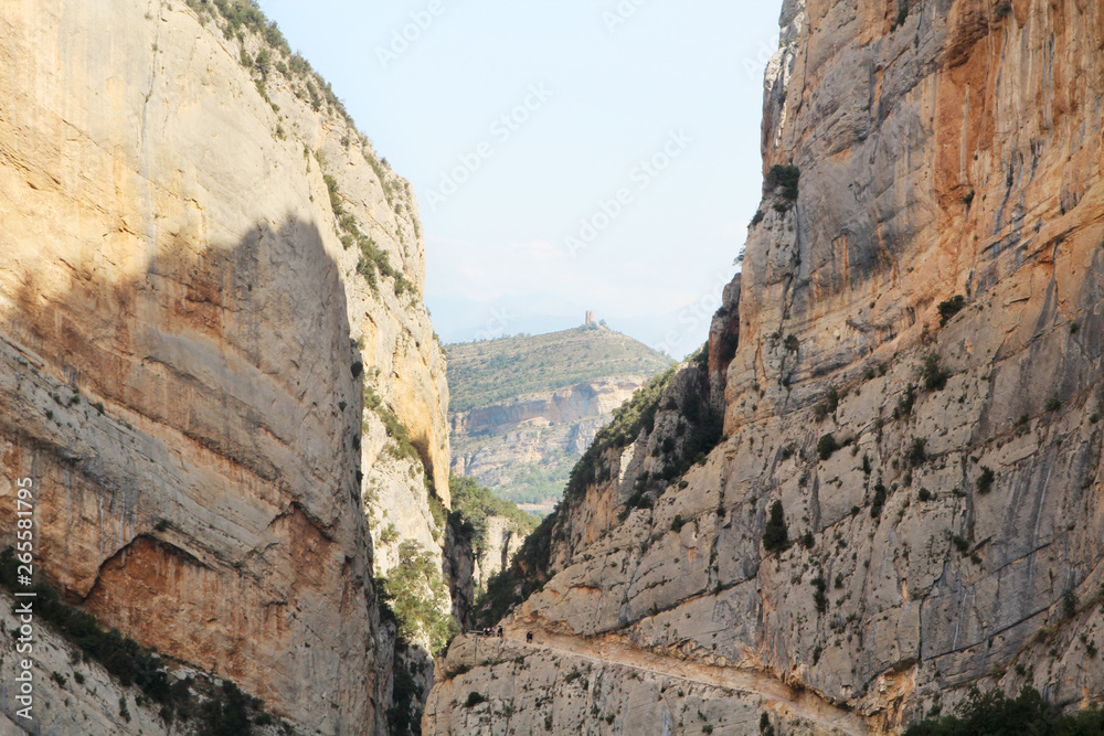 A wooden staircase at rock cliff as part of hiking path in Mont Rebei canyon, Spain