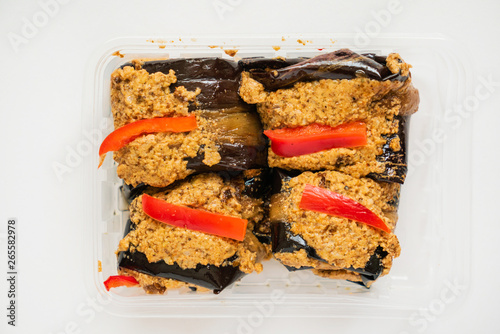 Appetizer of eggplant and nut sauce, pepper and garlic