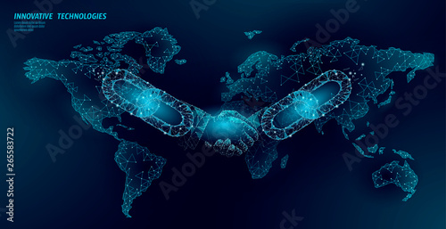 Blockchain technology agreement handshake business concept low poly. Polygonal point line geometric design. Hands chain link internet hyperlink connection blue vector illustration