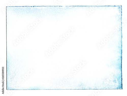 Abstract background. Texture of loose white paper tinted on the edges of blue watercolor. Made by hands. Scanned in high resolution.