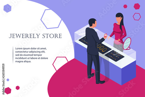 Jewelry shop. Man buys a wedding ring at store