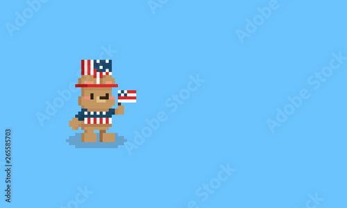 Pixel cartoon little bear with independence day cloth.8bit character.