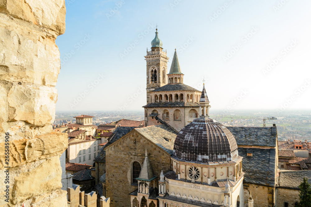 Bergamo Upper city, Italy. March 2019. The stunning Basilica of Santa Maria Maggiore, a romanic and gothic church landmark of this town seen from the town hall bell tower