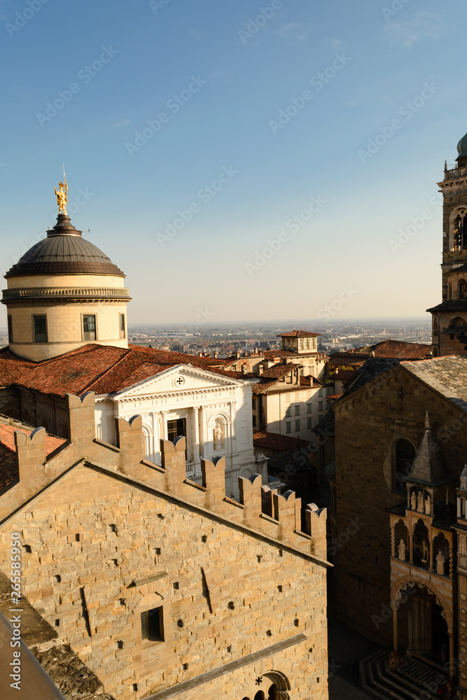 Bergamo Upper City, Italy, march 2019. The two main churches of this city, the Duomo and Santa Maria Maggiore, seen from the 