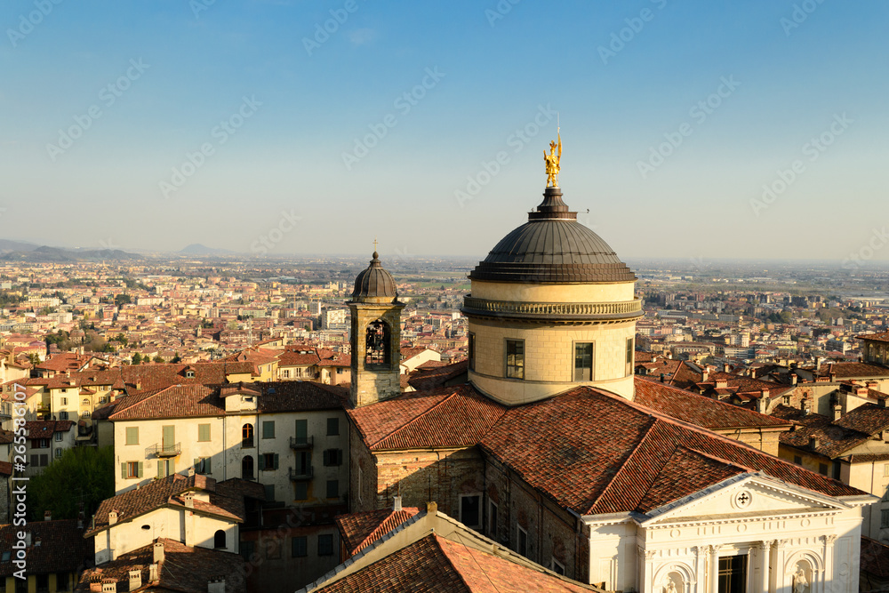 Panoramic aerial view of Bergamo Alta, the upper city. It is a medieval town in northern Italy, in the background the lowercity in the lowland