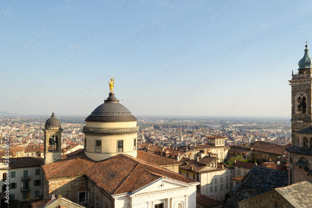 Panoramic aerial view of Bergamo Alta, the upper city. It is a medieval town in northern Italy, in the background the lowercity in the lowland