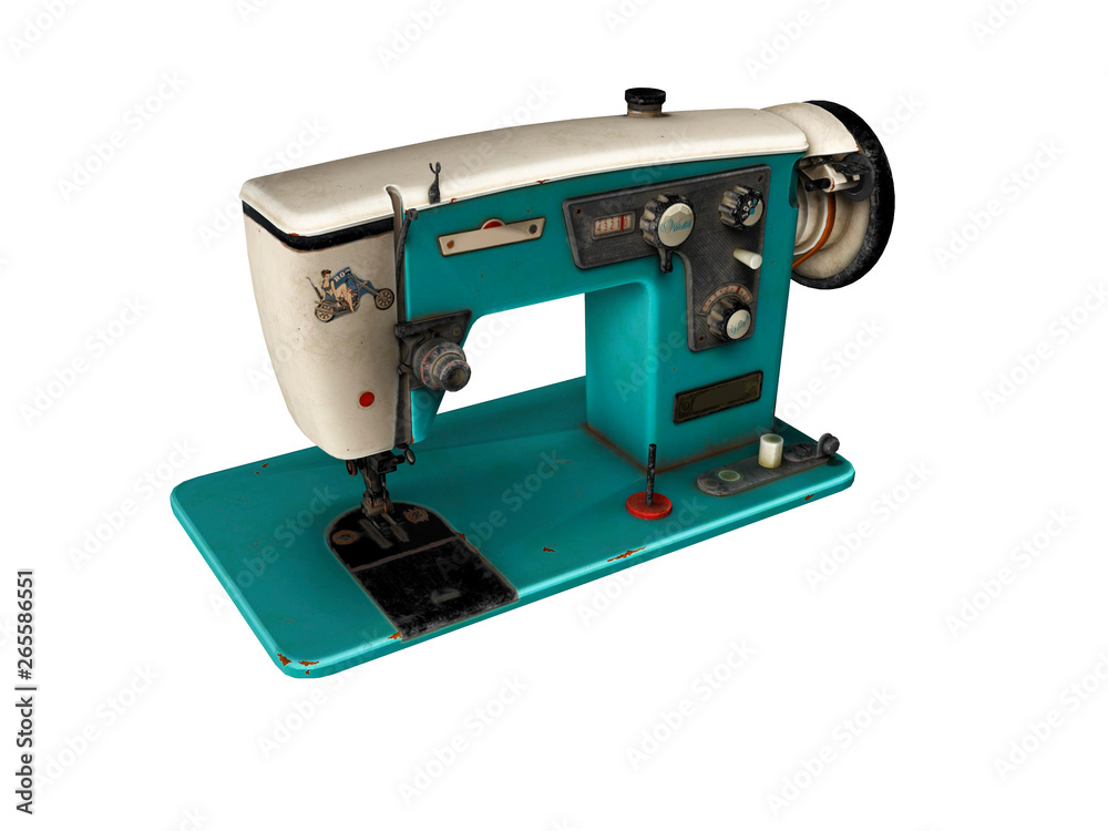 Blue old electric sewing machine falls on the floor 3d render on white background no shadow