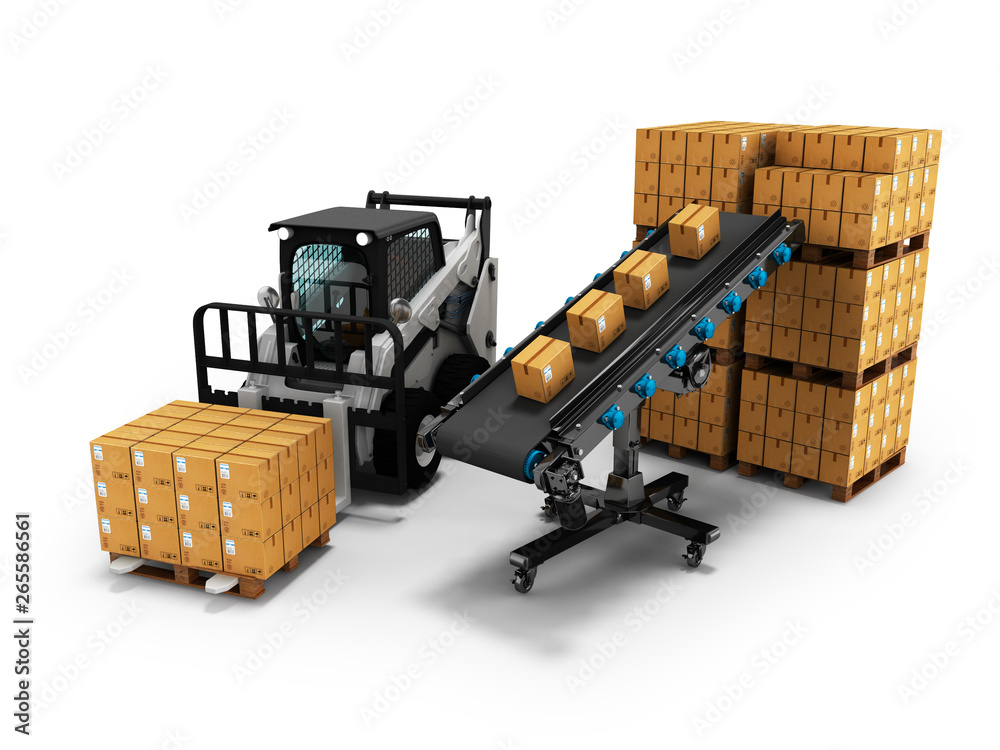 Obraz premium Concept of placement of goods in paper boxes with forklift from conveyor belt 3d render on white background with shadow