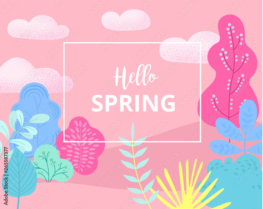 Hello spring. Pink card or poster with abstract floral pattern.