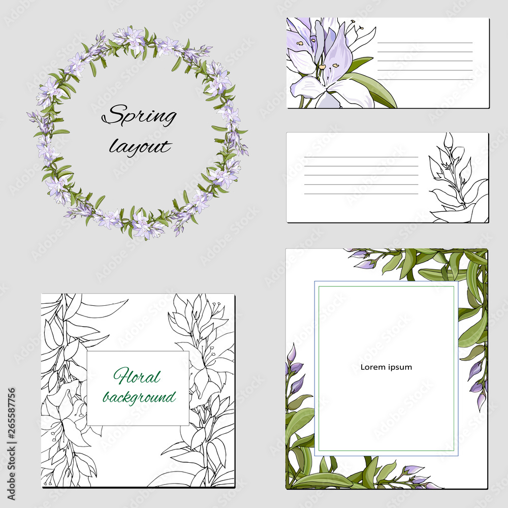 Templates for corporate identity with contour floral pattern. Natural ornament of green leaves for modern design of business cards, ads, posters, advertising.