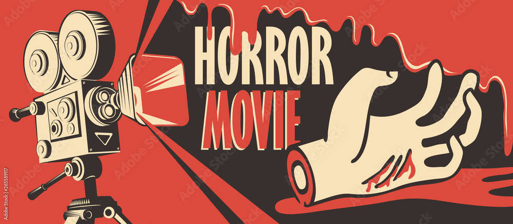 Vector banner for festival horror movie. Illustration with old film projector and a severed hand in a puddle of blood. Scary cinema. Horror film night. Can be used for ad, flyer, web design, tickets