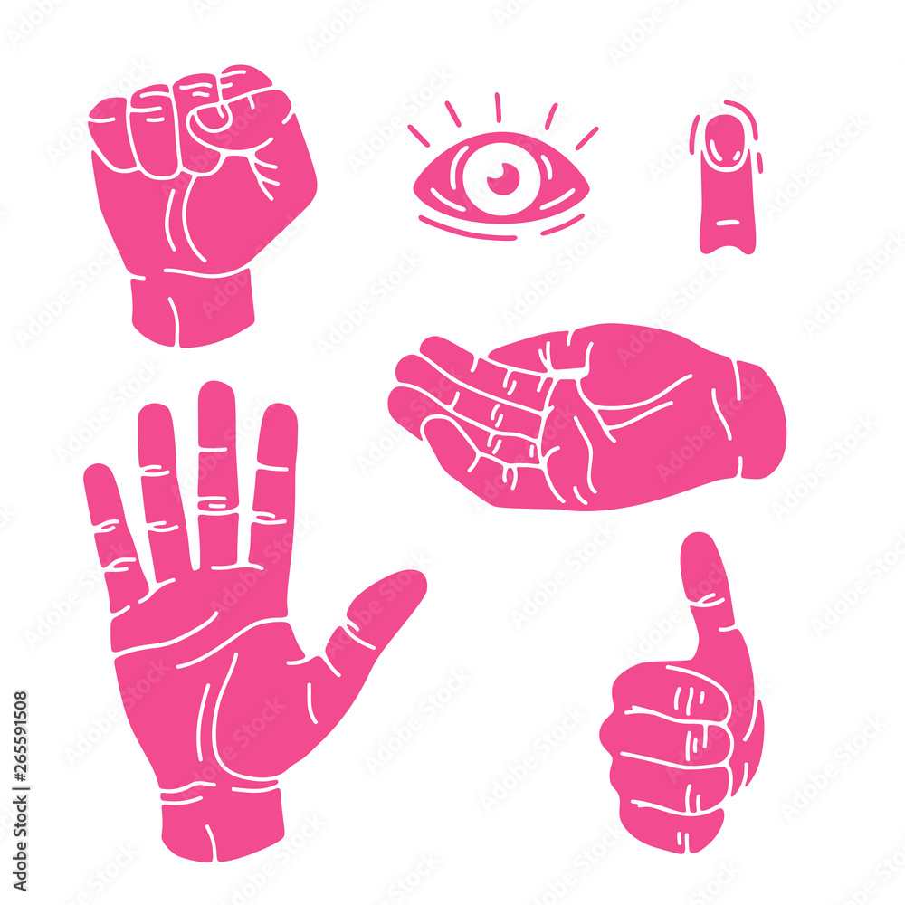 Obraz premium Hand gestures set isolated. Palm, fist, thumb up, cupped hand, finger. Modern beautiful style. Realistic. Flat style vector illustration. Line signs and icons. Different positions of human hands.