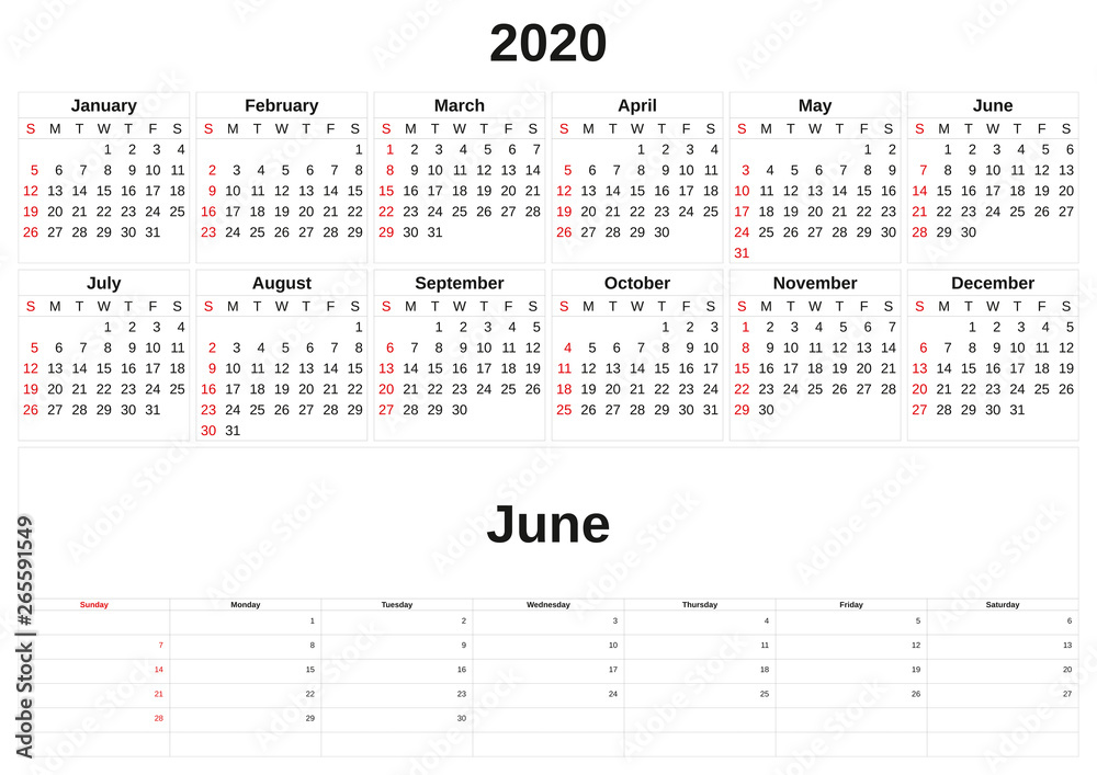 2020 a monthly calendar  with white background.