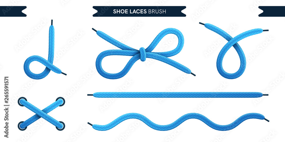 Shoe laces brush set isolated on a white background. Blue color. Realistic lace knots and bows. Modern simple design. Flat style vector illustration. - obrazy, fototapety, plakaty 