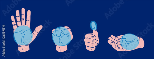 Hand gestures set isolated. Palm, fist, thumb up, cupped hand. Portions of food. Infographic. Modern beautiful style. Realistic. Flat style vector illustration. Signs and icons. Different positions.
