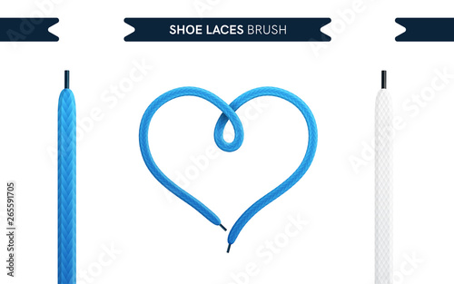 Shoe laces brush set isolated on a white background. heart shape. Blue color. Realistic lace knots and bows. Modern simple design. Flat style vector illustration.