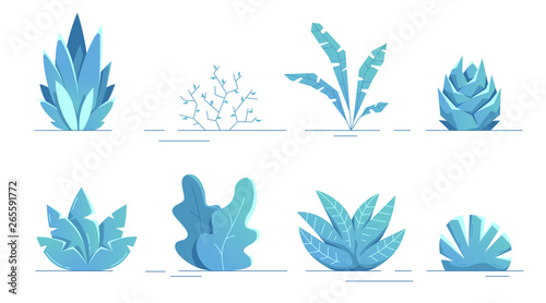 Plants set isolated. Flat style. Leaves, flowers, bushes and trees. Modern trendy minimalistic and simple design. Blue fantasy color. Cartoon style. Floral background. Vector illustration.
