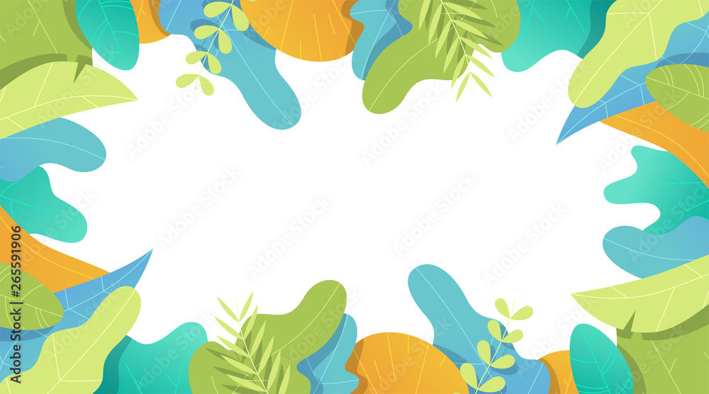 Leaves frame set. Flat style. Plants, flowers, bushes. Modern trendy minimalistic and simple design. Bright summer, spring colors. Cartoon style. Floral background. Vector illustration.