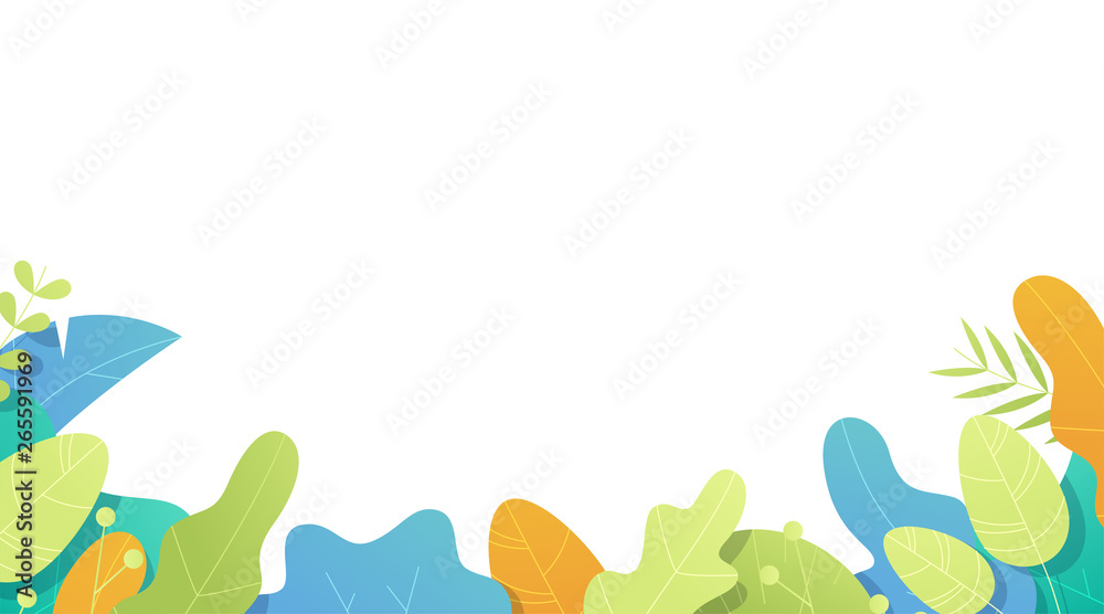 Fototapeta premium Leaves frame set. Flat style. Plants, flowers, bushes. Modern trendy minimalistic and simple design. Bright summer, spring colors. Cartoon style. Floral background. Vector illustration.
