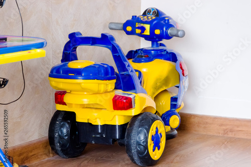 plastic toy of blue color. the plastic motorcycle for children.