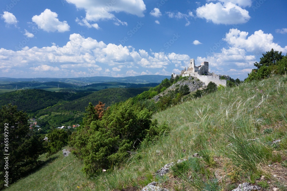 Landscape view with Cachtice Castle ruin from 13th century in Carpathians, Slovakia, Europe. National nature reserve.