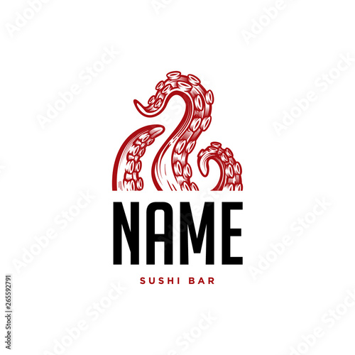 Octopus tentacles logo concept. Hand drawn vector illustration of an octopus palps  in engraving technique. Elegant emblem design for Japanese cuisine restaurant, sushi bar.