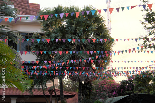 Many multicolored flags decorate the street. Decorative garlands. Tropical trees. photo