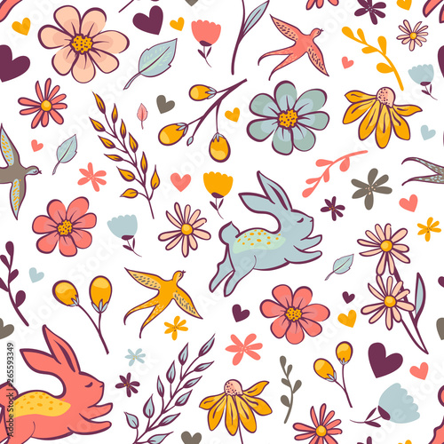 Spring time seamless pattern. Vector illustration of rabbit and spring flowers.