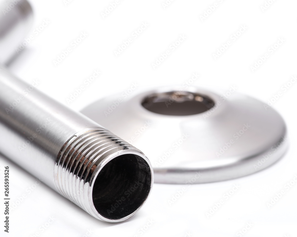 Brushed Nickel Metal Shower Arm and Flange isolated on white background. Brushed Nickel Metal Shower Arm and Flange isolated on white background.