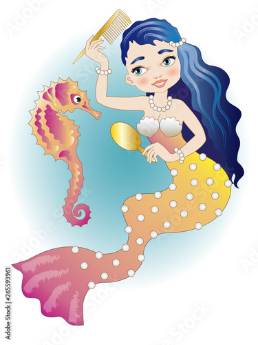 Blue-haired mermaid with seahorse 