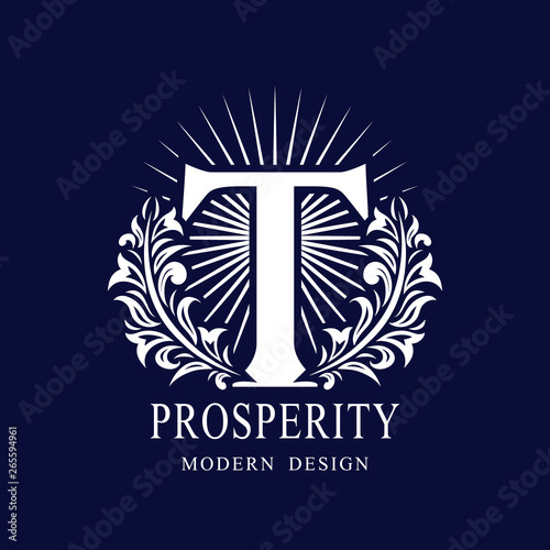 Letter T in the Sunlight. Coat of Arms with a Floral Wreath. Art Logo Design. Luxurious Monogram for Personal or Family Emblem, Business Sign, Wedding, Boutique, Hotel, Restaurant. Vector illustration
