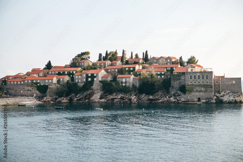 Beautiful view of the island of Sveti Stefan or Sveti Stefan in Montenegro. One of the famous sights of Montenegro.